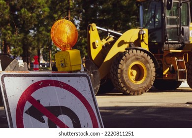 Traffic Sign And Light Barricade On Roadwork Construction Site