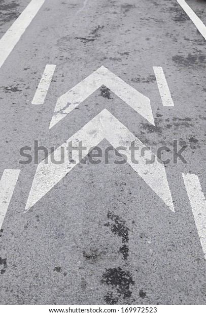 Traffic sign on asphalt, detailed\
traffic information painted on asphalt, caution and\
information