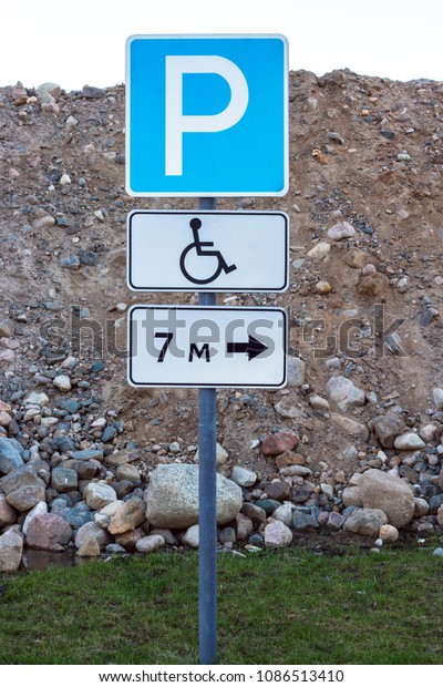 Traffic sign\
parking for disabled people,\
closeup