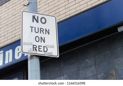 Traffic Sign Prohibiting Right Turn On Red Traffic Light.