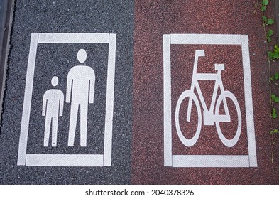 traffic sign showing "bicycles and pedestrians only" on the ground of sidewalk in gunma prefecture, japan
