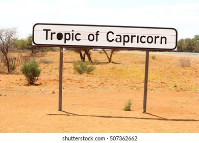 Traffic Sign Of The Tropic Of Capricorn Along Desert Highway,  Namibia, Africa 