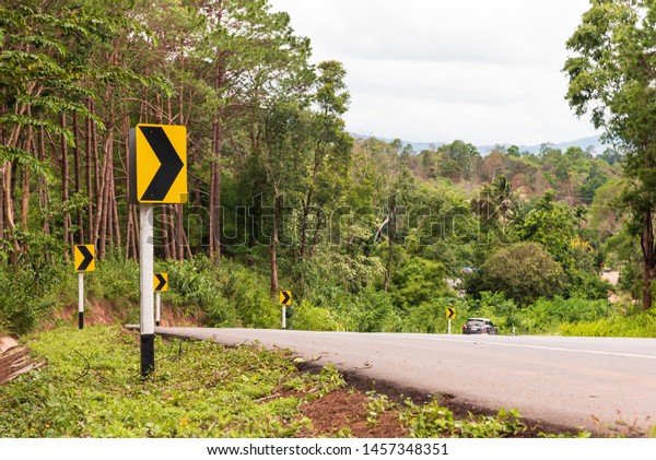 Traffic sign turn right curve and\
road in the forest.Landscape natural way and green pine\
tree.
