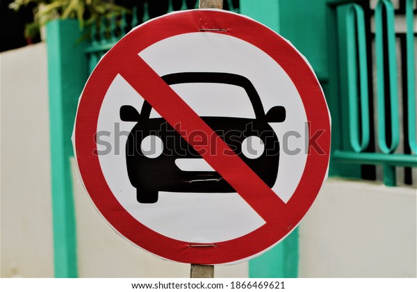 Traffic signs. Car with not allowed symbol. No cars\
allowed. 
