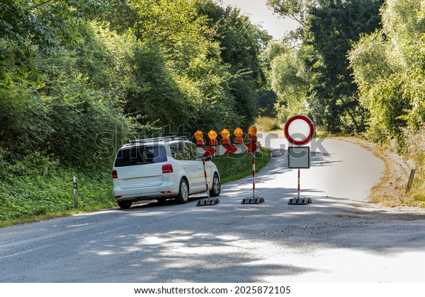 Traffic signs and country roads in Czech\
Republic. No entry on a country road in the woods.Violation of\
traffic regulations