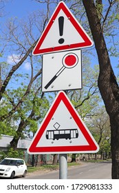 Traffic signs on the street in the city