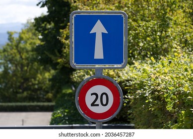 Traffic Signs One Way And Speed Limit 20 Kilometers Per Hour At City Of Nyon. Photo Taken August 28th, 2021, Nyon, Switzerland.