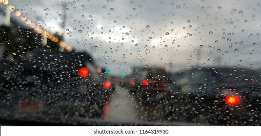 Trafic Jam In The Rainny Day, View Via  Front Window Of Car