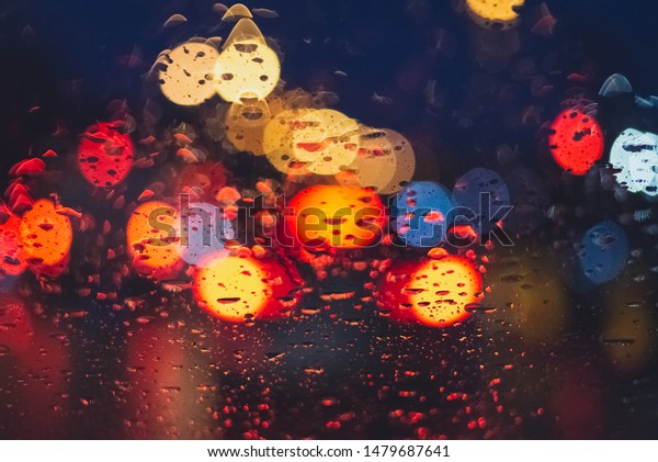 trafic jam in the rainny day, view via front window of\
car 