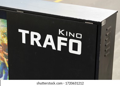 Trafo Kino Advertisement Outside Trafo Hall & Kino In Baden, Switzerland, March 2020. Black Metal Structure With Trafo Kino Logo With White Letters. There's Also An Advertisement Of A Movie Shown.