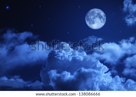 Tragic night sky with a full moon and shining stars