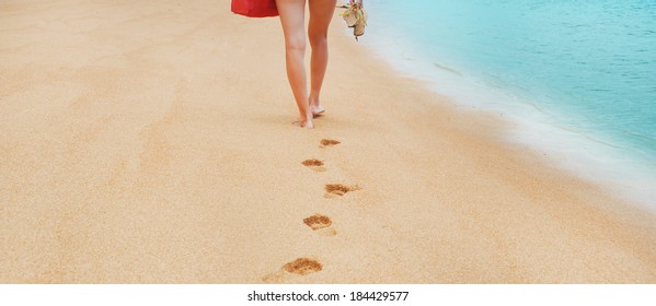 Trail Barefoot Feet In The Sand On A Beautiful Beach