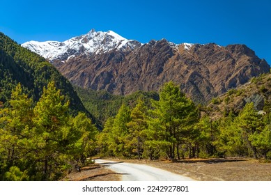 Trail by the snowy Himalayan mountains on the Annapurna Circuit Trek, Nepal. Sunny cloudless sky bringing calmness