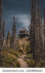 Trail Ends at The Mount Brown Fire Tower After Steep Climb in Glacier National Park