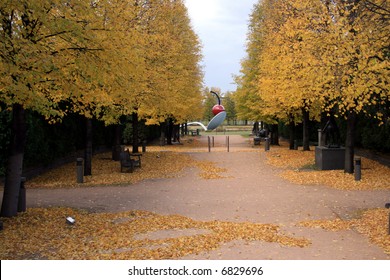 Trail With Fallen Leaves Near Cherry/spoon Sculpture In Minneapolis