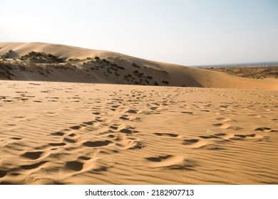 A trail of footprints in the sand in the desert. Sarykum dune in Dagestan. Travel, natural sightseeing tour - Powered by Shutterstock