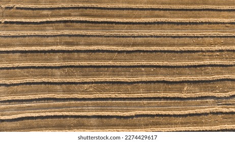 Trail of hay or straw left after a farmer's swath. Line of straw piles on a farm field - Powered by Shutterstock