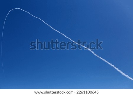 Trail launch anti-missile in the sky. Missile trail of air defense raiders of military mobile anti-aircraft systems during the military conflict, the war between Russia and Ukraine