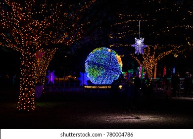 Trail Of Lights Christmas Lights And A Huge Light Up Earth Our Mother Nature And How Precious Our Earth Is During Holiday Cheer December , After Dark , In Austin , Texas Editorial: December 18th 2017