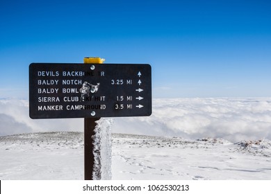 Trail Marker And Directions On Top Of Mount San Antonio (Mt Baldy), Los Angeles County, California