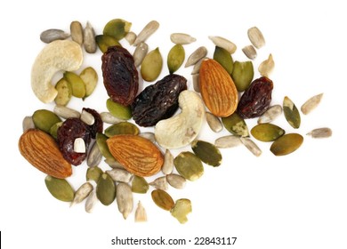 Trail Mix - Dried Fruit And Nuts, Isolated On White.