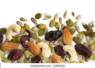 Trail Mix Of Dried Fruit And Nuts, Isolated On White.