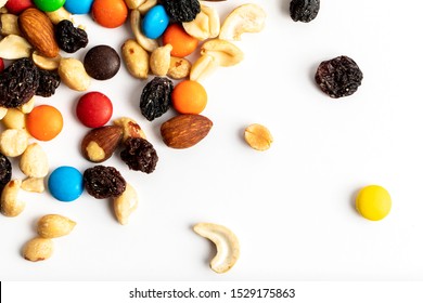 Trail Mix Including Peanuts, Almonds, Cashews, Raisins, And Chocolate