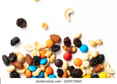 Trail Mix Including Peanuts, Almonds, Cashews, Raisins, And Chocolate