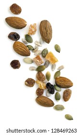 Trail Mix Isolated On White Background.  Overhead View.