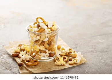 Trail Mix With Nuts, Popcorn And Pretzels