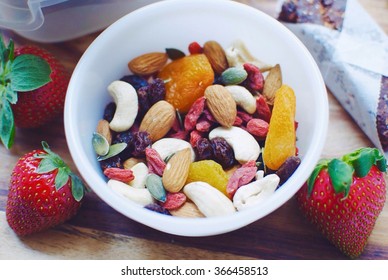 Trail Mix And Strawberries, Healthy Snacks 