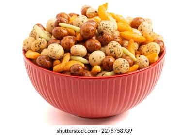 A Trail Mix of Various Rice Crackers a Spicy and Salty Snack Isolated on a White Background