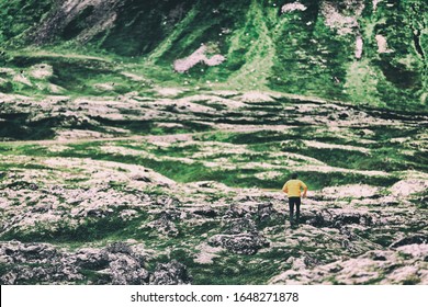 Trail Run Athlete Running On Mountain Nature Background Ultra Runner On Long Distance Trek. Endurance Sport Hiker On Trek Hike. Landscape Spring Or Winter.