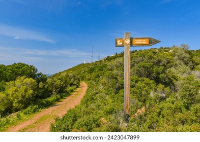trail sign on bike and hiking route in Buyukada Nature Park (Adalar, Turkey)