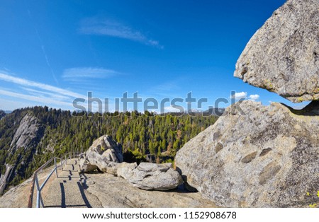 Trail and stairway to the top of Moro Rock, unique granite dome rock formation in Sequoia National Park, USA.