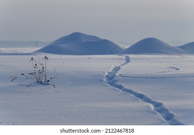 A trail through a snowy field and snowdrifts. Winter landscape.