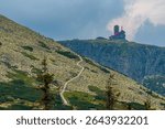 Trail towards the rock formation Snezne Jamy (Snowy Pits) in Krkonose mountains on border of Poland Czech republic.