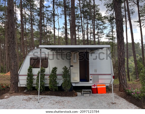 The trailer house on wheels stops in the autumn pine\
forest in the sun