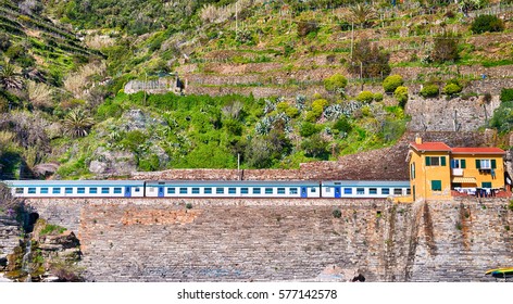 Train Along The Coast Of Cinque Terre, Italy.