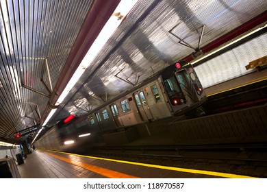 Train Arriving To Station, New York City Subway
