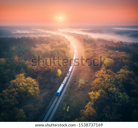 Train in beautiful forest in fog at sunrise in autumn. Aerial view of commuter train in fall. Colorful landscape with railroad, foggy trees, orange leaves, red sky and mist. Top view. Railway station
