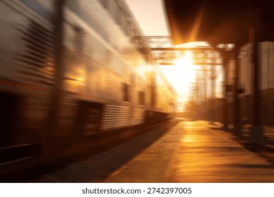 A train is blurred with motion at a station platform as the sun sets, casting a warm glow.