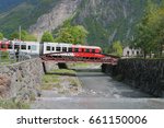 Train, bridge and river Trient. Vernayaz, Martigny, Switzerland