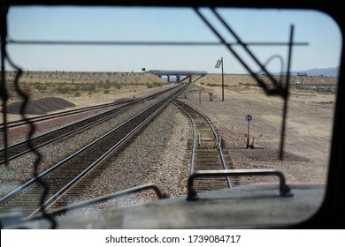 A Train Cab On The BNSF Railway Through The Mojave.