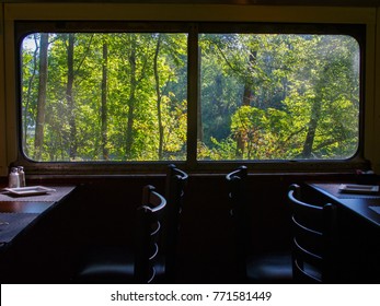 Train Car Interior, Dining Car, Forest Through Window