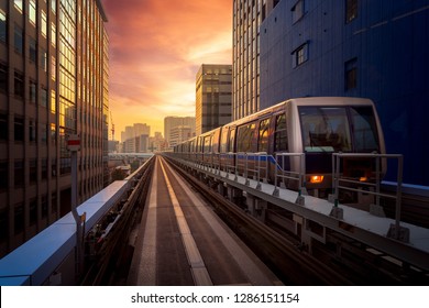 Train in city in Tokyo with sunset background, Tokyo, Japan. This immage can use for Transportation and travel concept in the city