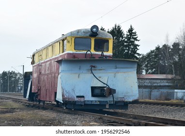 Train For Clearing Snow On The Railway. Snowplow For Railroad. Rail Snow Plow