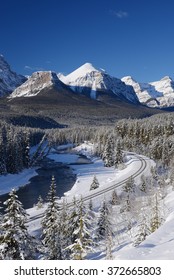 Train Curve At Canadian Rockies In Winter