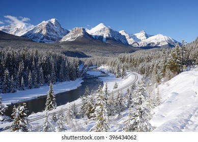 Train Curve At Canadian Rockies In Winter