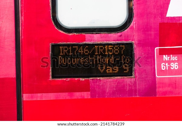 Train destination label at North Railstation in\
Bucharest, Romania, 2022